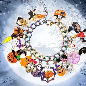 Halloween Charm Bracelet, Pumpkins, Ghost, Spider Webs, Cat